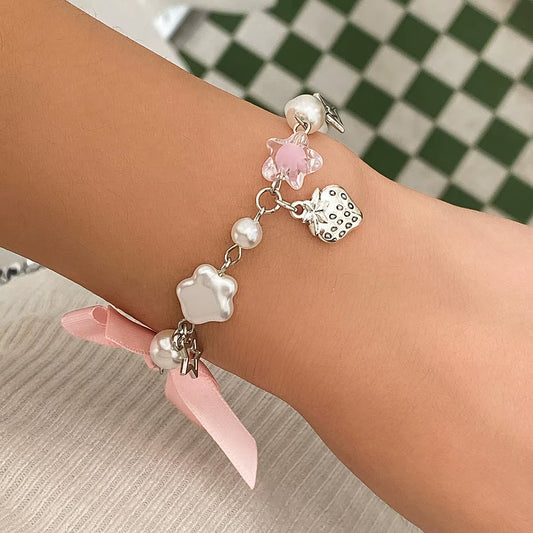 Exquisite Sweet Pink Bow Imitation Pearl Pentagram Pendant Bracelet Women Elegant Sliver Color Metal Chain Wed Jewelry
