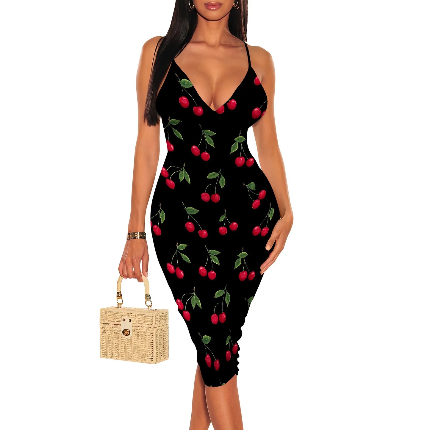 Women's Summer Bodycon Dress Sleeveless Spaghetti Strap Party Casual Pair Sexy Deep V Neck Floral Print Pencil Skirt