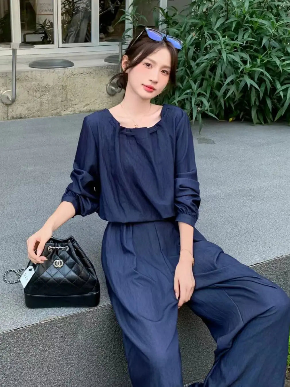 Elegant minimal women's casual denim trouser suit