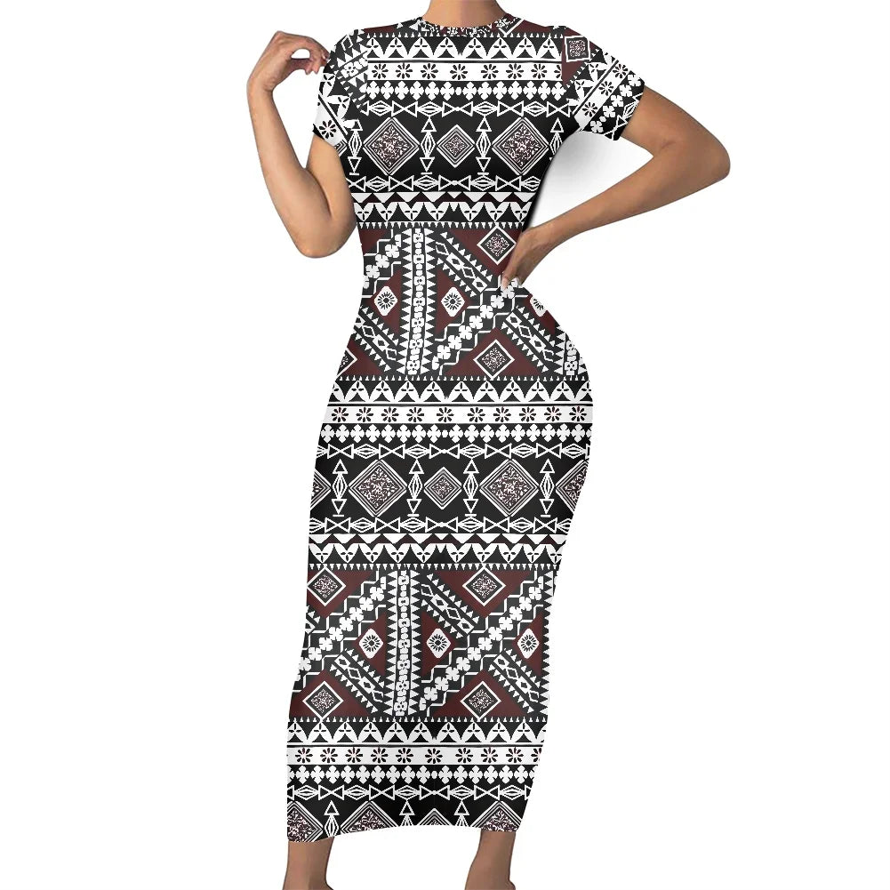 Casual Summer Short Sleeves O-neck Bodycon Custom Maxi Dresses Polynesian Island Samoa Traditional  Fijian Tribal Design Dress