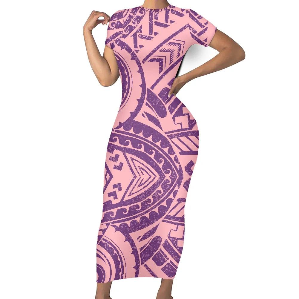 Casual Summer Short Sleeves O-neck Bodycon Custom Maxi Dresses Polynesian Island Samoa Traditional  Fijian Tribal Design Dress