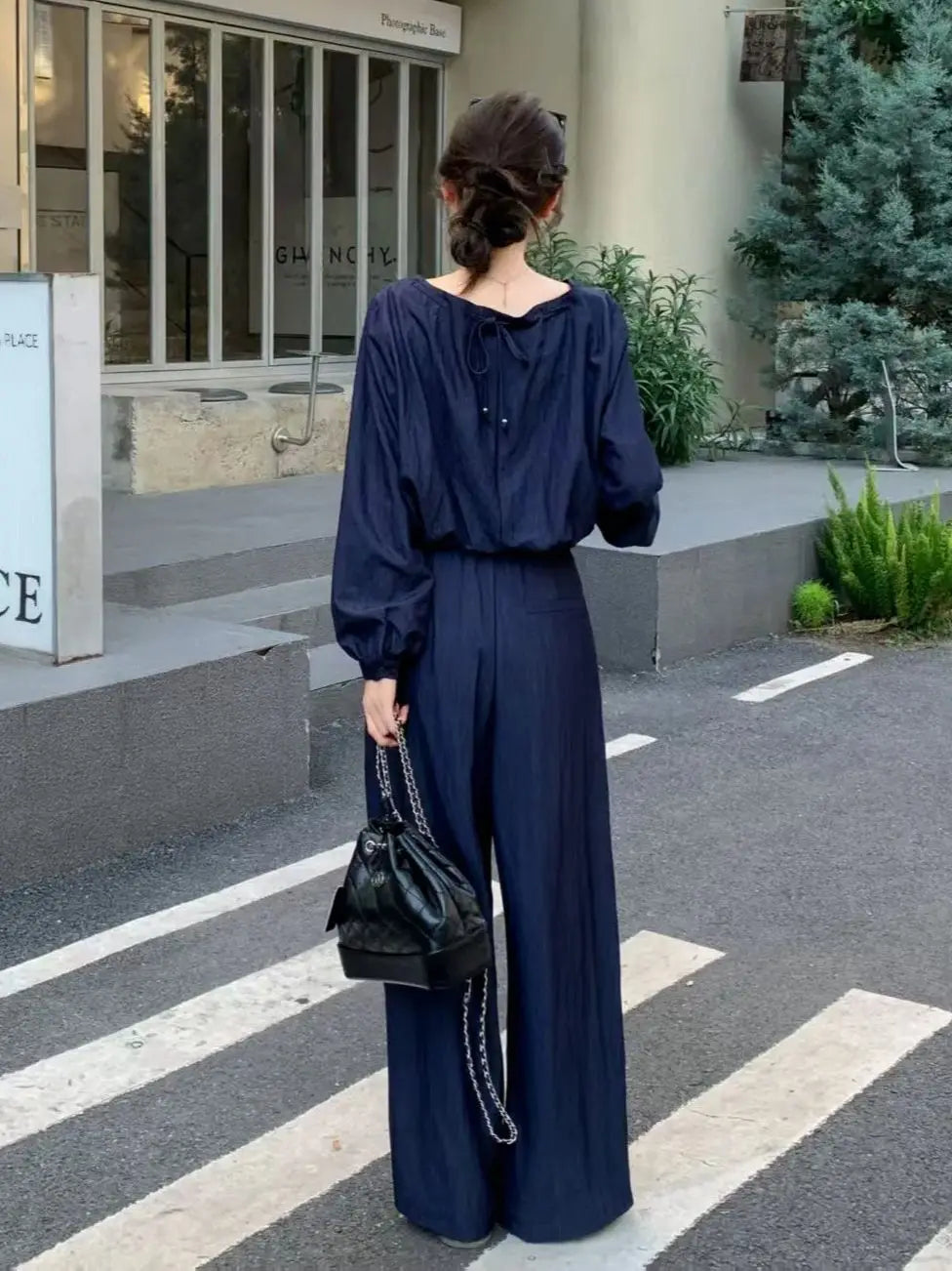 Elegant minimal women's casual denim trouser suit