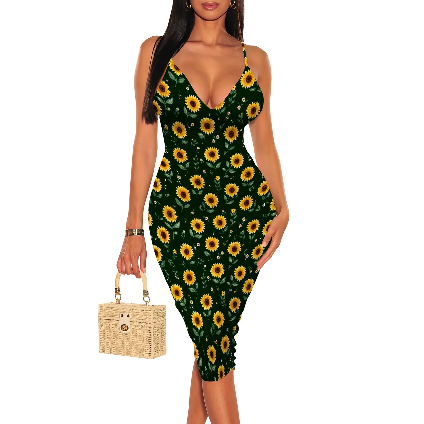 Women's Summer Bodycon Dress Sleeveless Spaghetti Strap Party Casual Pair Sexy Deep V Neck Floral Print Pencil Skirt