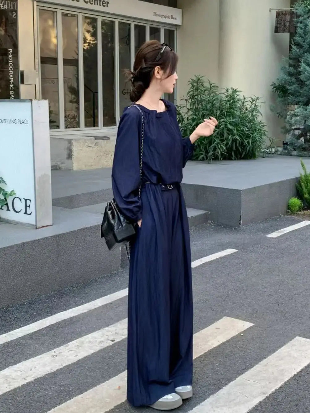 Elegant minimal women's casual denim trouser suit