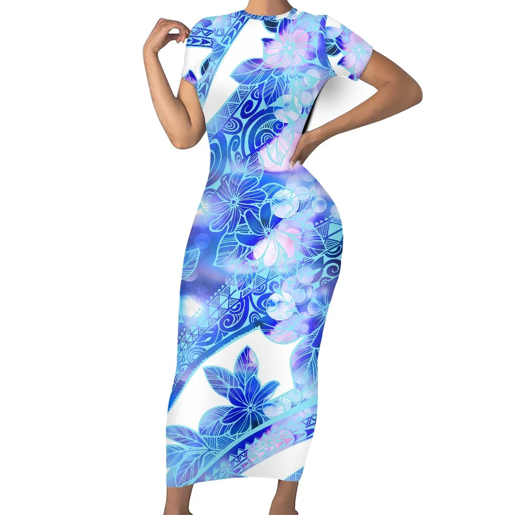 Casual Summer Short Sleeves O-neck Bodycon Custom Maxi Dresses Polynesian Island Samoa Traditional  Fijian Tribal Design Dress