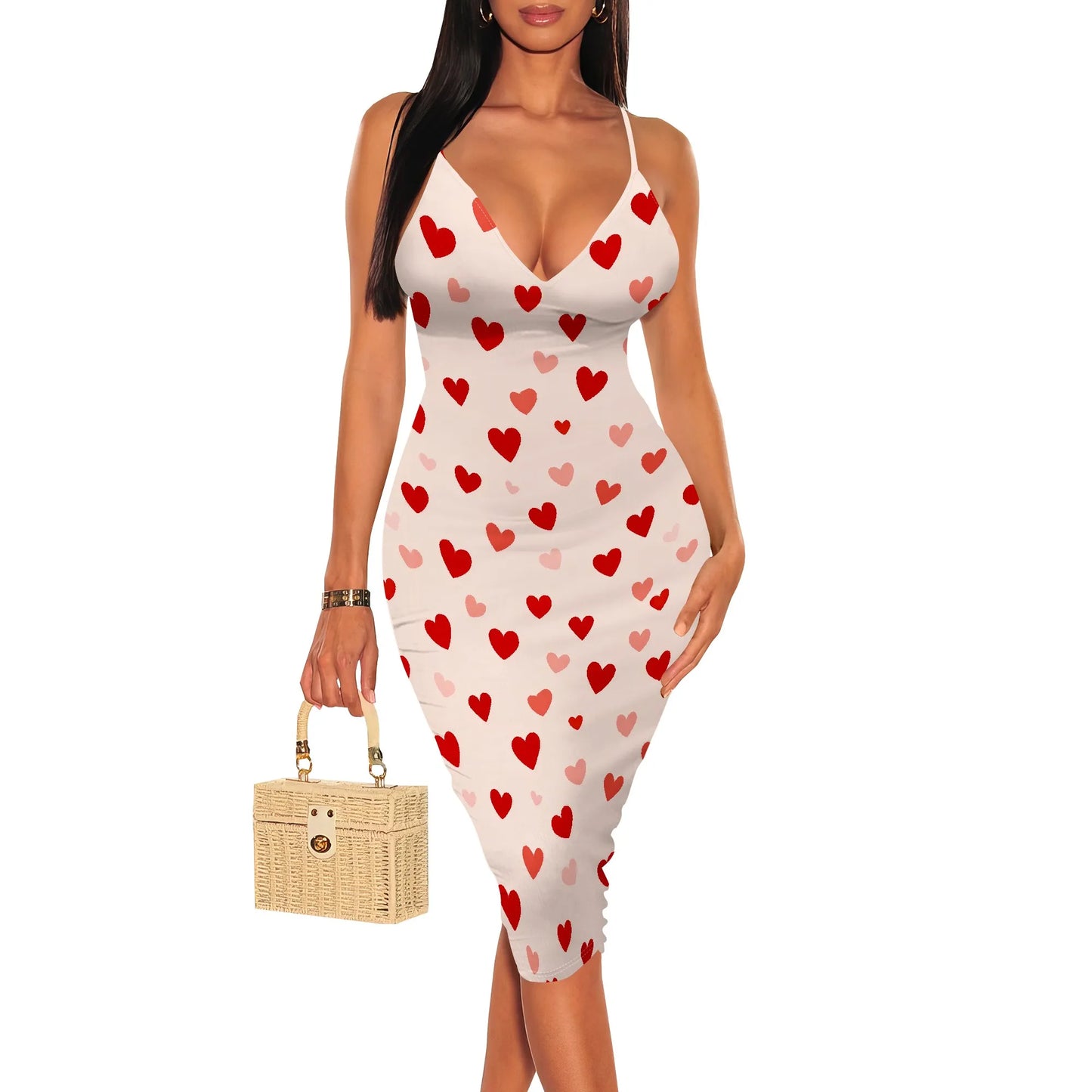 Women's Summer Bodycon Dress Sleeveless Spaghetti Strap Party Casual Pair Sexy Deep V Neck Floral Print Pencil Skirt