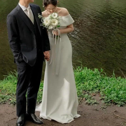 Elegant Mermaid Wedding Dresses Soft Satin Bridal Dress Off The Shoulder Floor-length Simple Vestidos