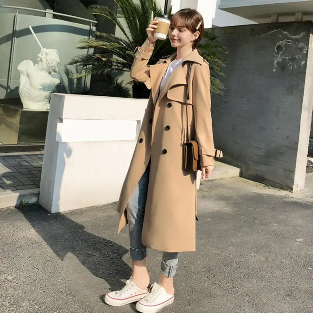 2025 Women's Trench Coat Double-Breasted Classic Lapel Overcoat Windproof Long Belted Jacket Fall Outerwear Charming Women Coat