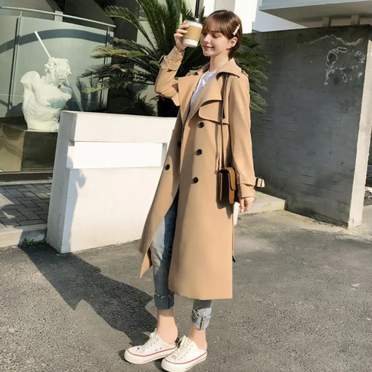 2025 Women's Trench Coat Double-Breasted Classic Lapel Overcoat Windproof Long Belted Jacket Fall Outerwear Charming Women Coat