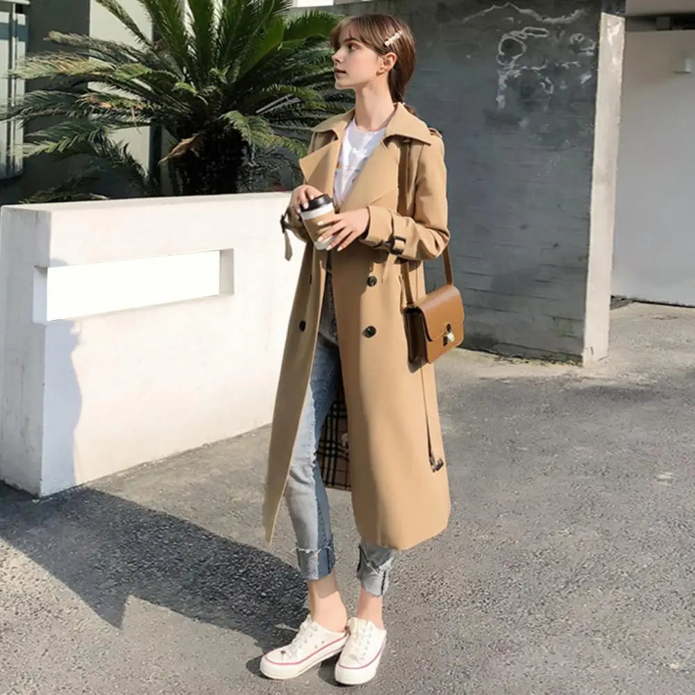 2025 Women's Trench Coat Double-Breasted Classic Lapel Overcoat Windproof Long Belted Jacket Fall Outerwear Charming Women Coat
