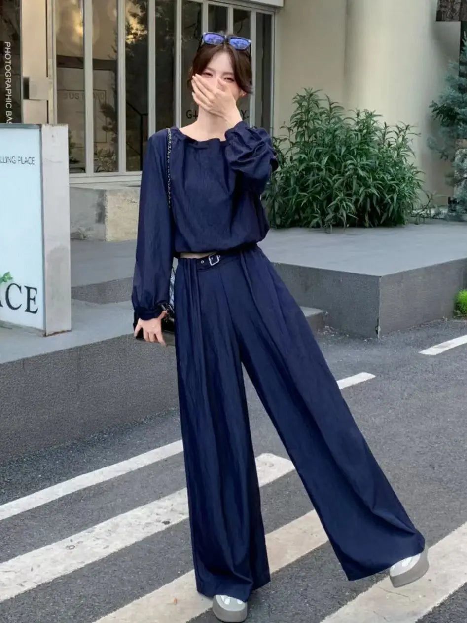 Elegant minimal women's casual denim trouser suit