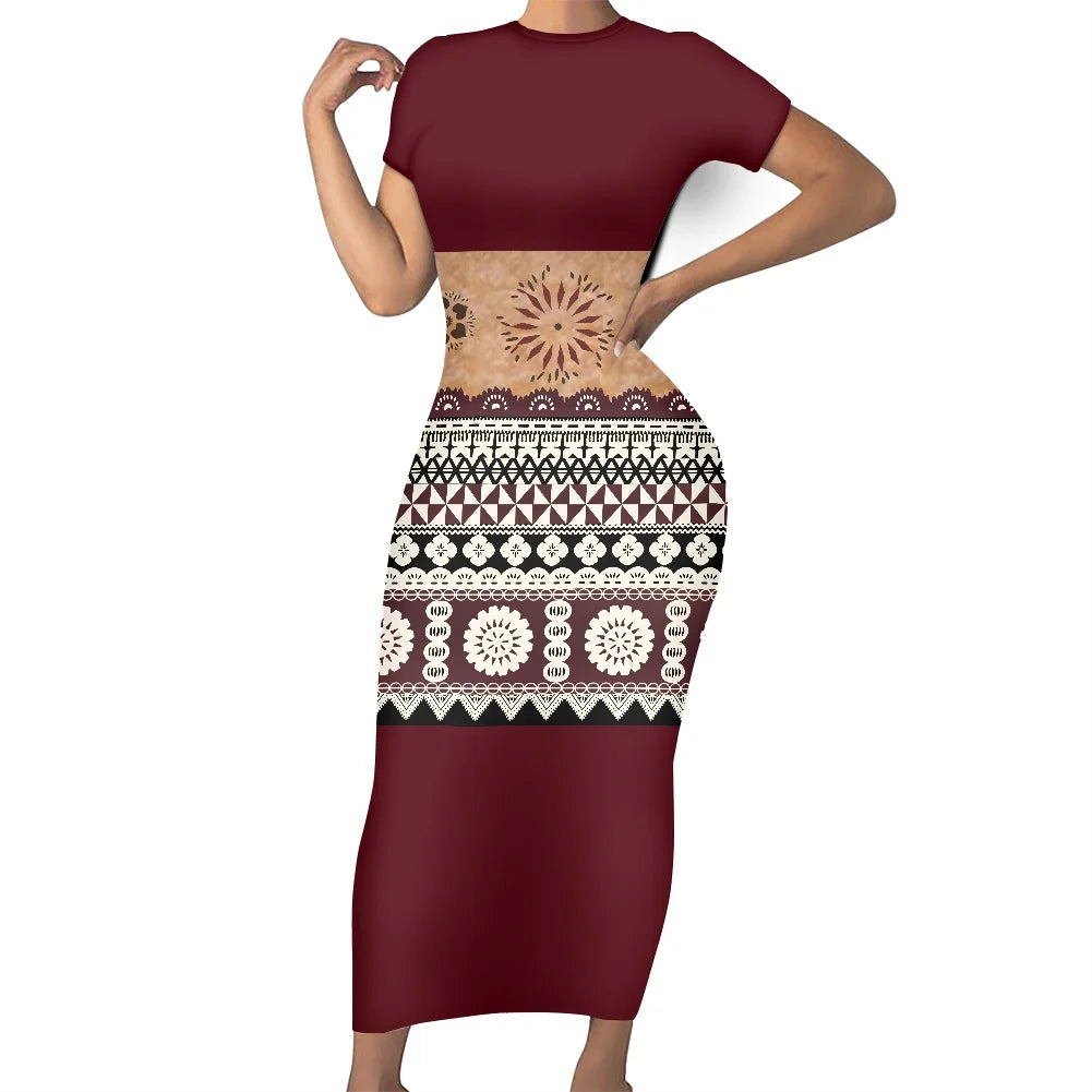 Casual Summer Short Sleeves O-neck Bodycon Custom Maxi Dresses Polynesian Island Samoa Traditional  Fijian Tribal Design Dress