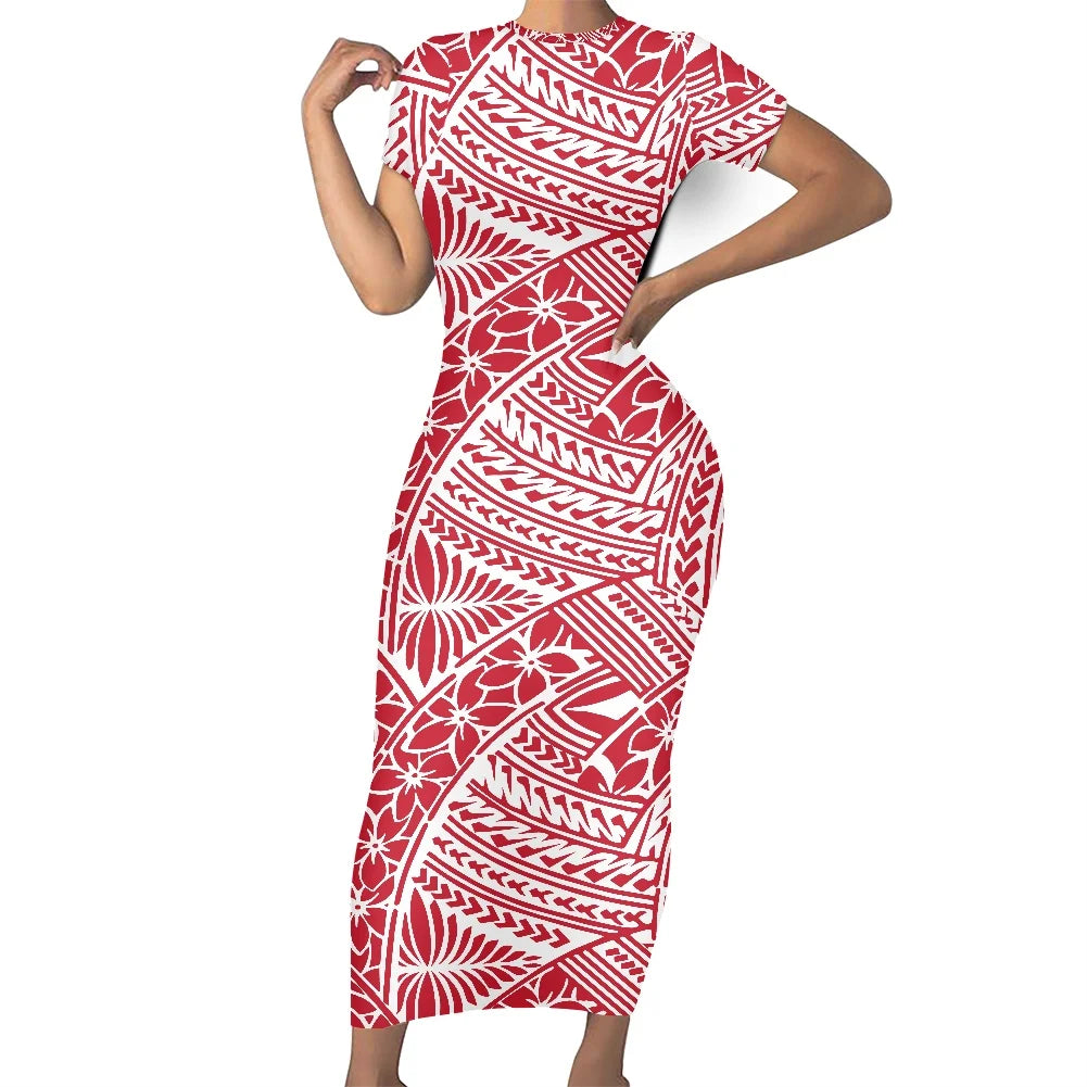 Casual Summer Short Sleeves O-neck Bodycon Custom Maxi Dresses Polynesian Island Samoa Traditional  Fijian Tribal Design Dress