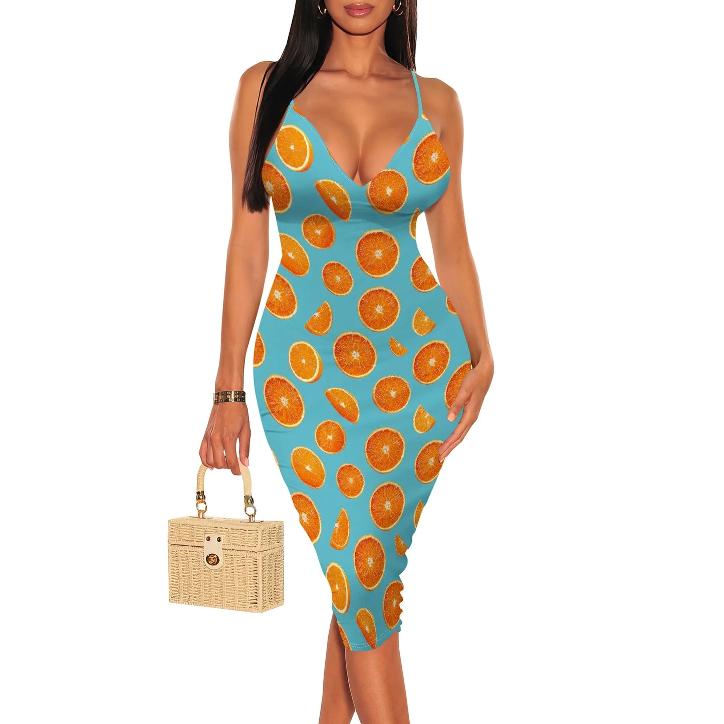 Women's Summer Bodycon Dress Sleeveless Spaghetti Strap Party Casual Pair Sexy Deep V Neck Floral Print Pencil Skirt