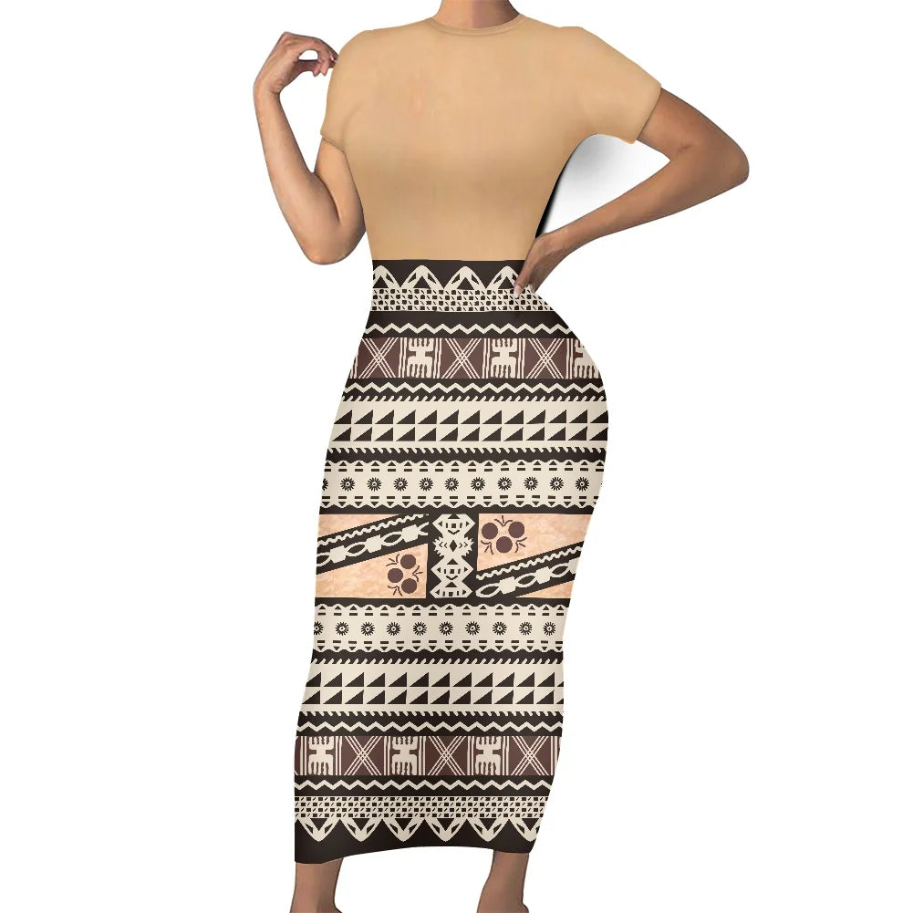 Casual Summer Short Sleeves O-neck Bodycon Custom Maxi Dresses Polynesian Island Samoa Traditional  Fijian Tribal Design Dress