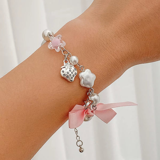 Exquisite Sweet Pink Bow Imitation Pearl Pentagram Pendant Bracelet Women Elegant Sliver Color Metal Chain Wed Jewelry