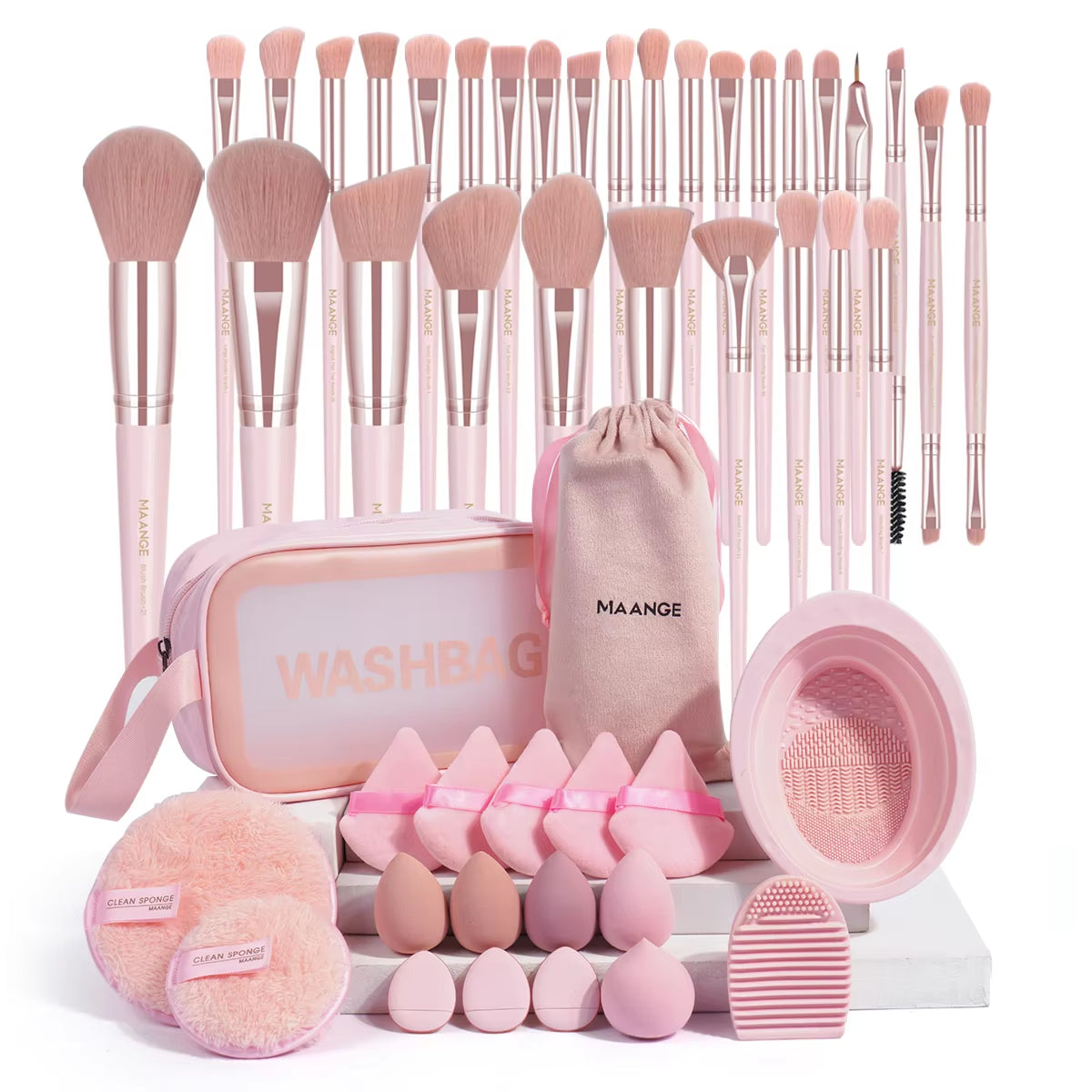 Professional 30-Piece Makeup Brush Set with 15 Makeup Sponges and Cleaning Bowl for Travel