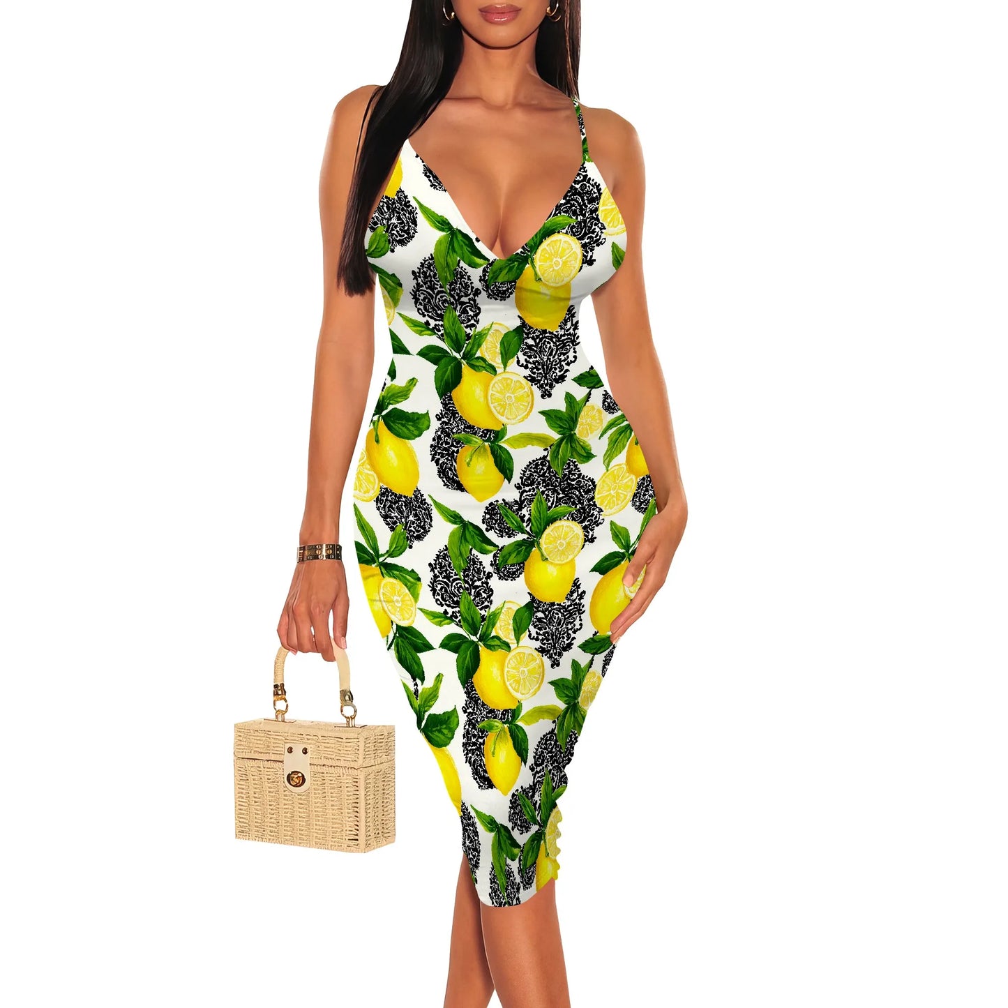 Women's Summer Bodycon Dress Sleeveless Spaghetti Strap Party Casual Pair Sexy Deep V Neck Floral Print Pencil Skirt