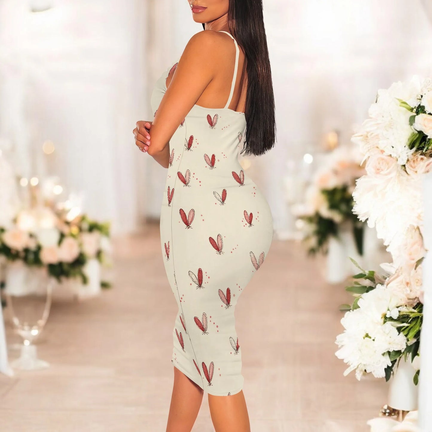 Women's Summer Bodycon Dress Sleeveless Spaghetti Strap Party Casual Pair Sexy Deep V Neck Floral Print Pencil Skirt