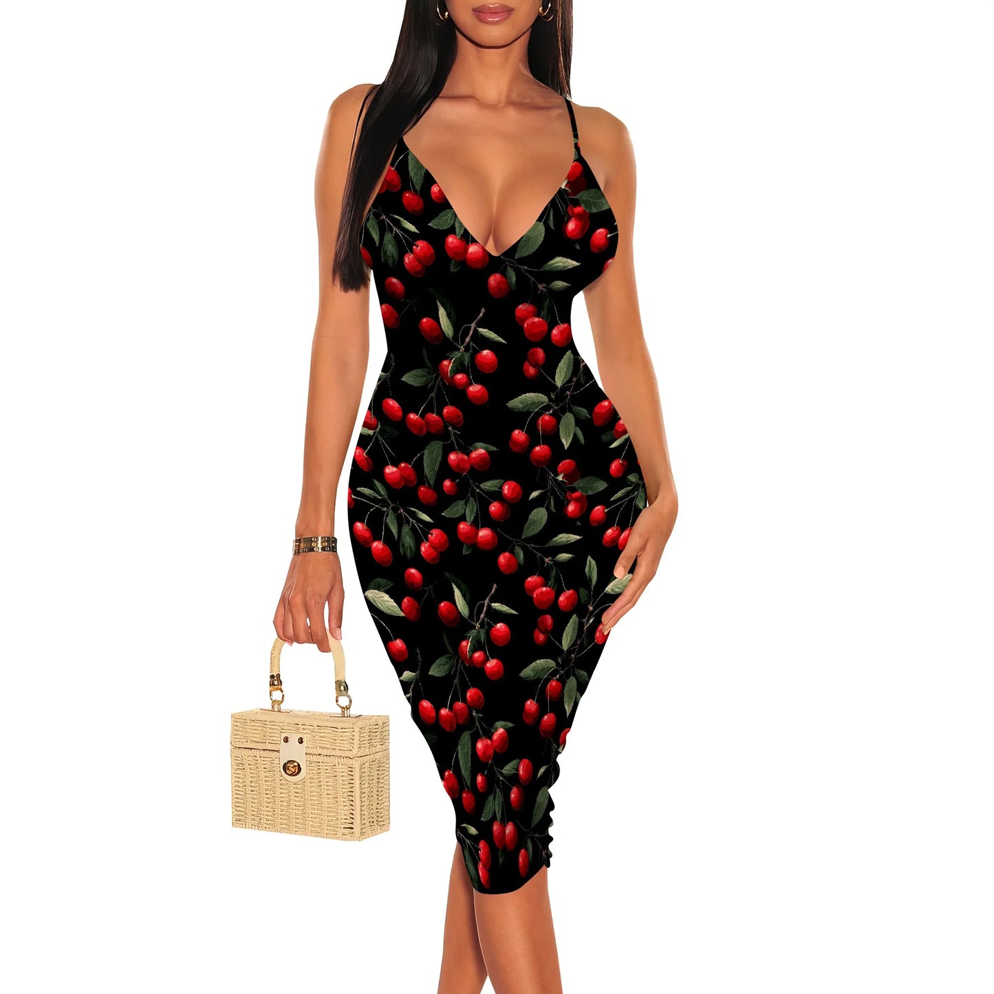 Women's Summer Bodycon Dress Sleeveless Spaghetti Strap Party Casual Pair Sexy Deep V Neck Floral Print Pencil Skirt