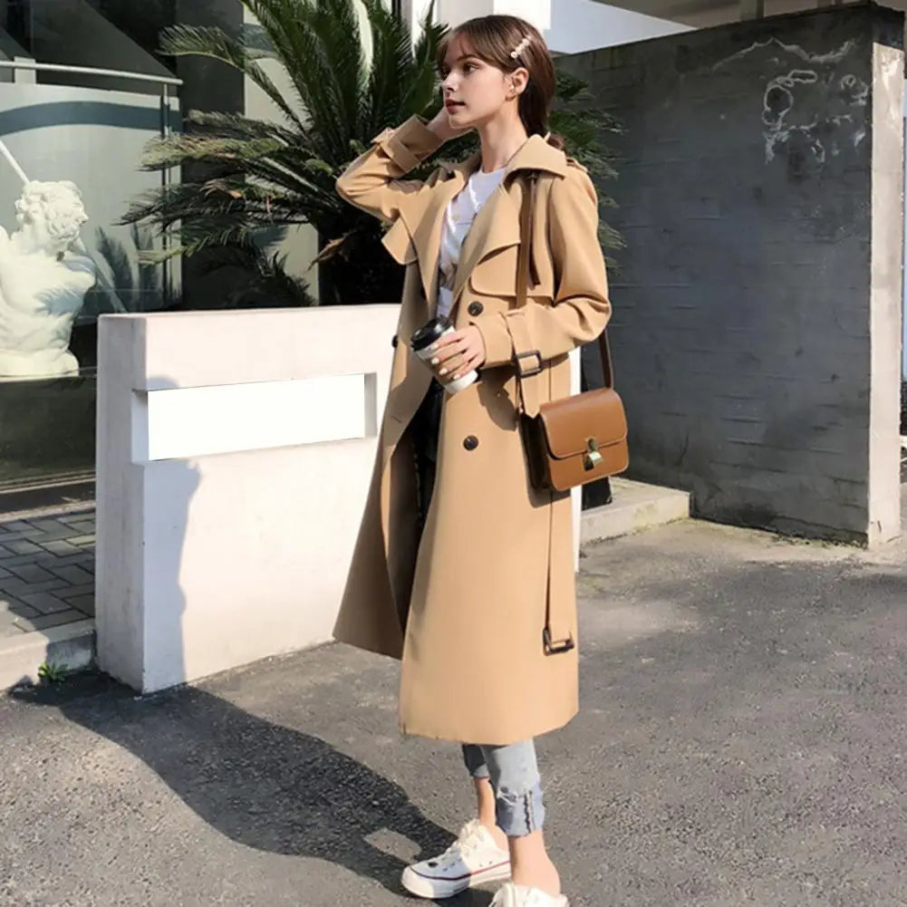 2025 Women's Trench Coat Double-Breasted Classic Lapel Overcoat Windproof Long Belted Jacket Fall Outerwear Charming Women Coat