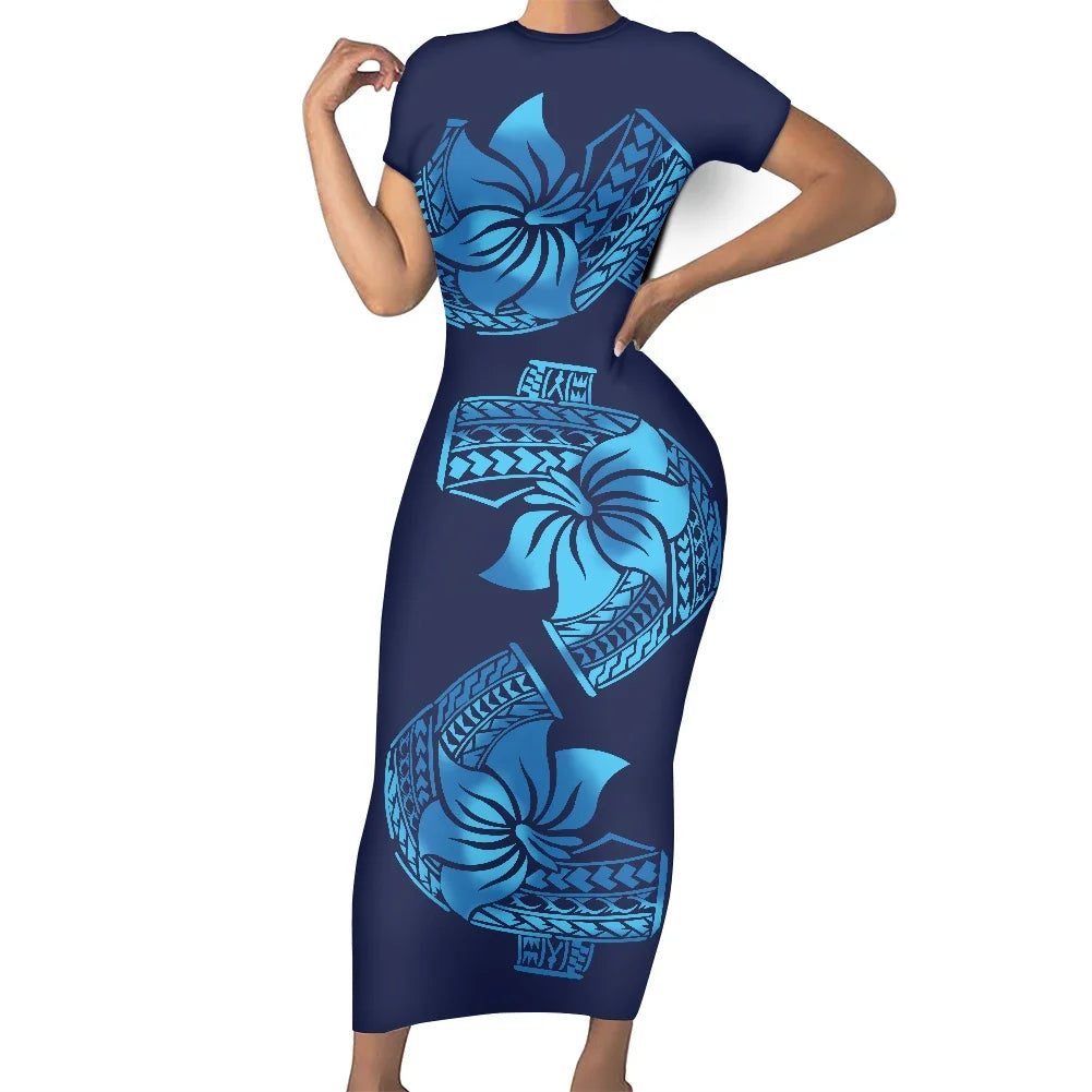 Casual Summer Short Sleeves O-neck Bodycon Custom Maxi Dresses Polynesian Island Samoa Traditional  Fijian Tribal Design Dress