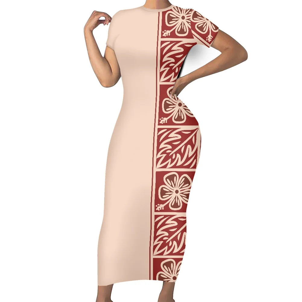 Casual Summer Short Sleeves O-neck Bodycon Custom Maxi Dresses Polynesian Island Samoa Traditional  Fijian Tribal Design Dress