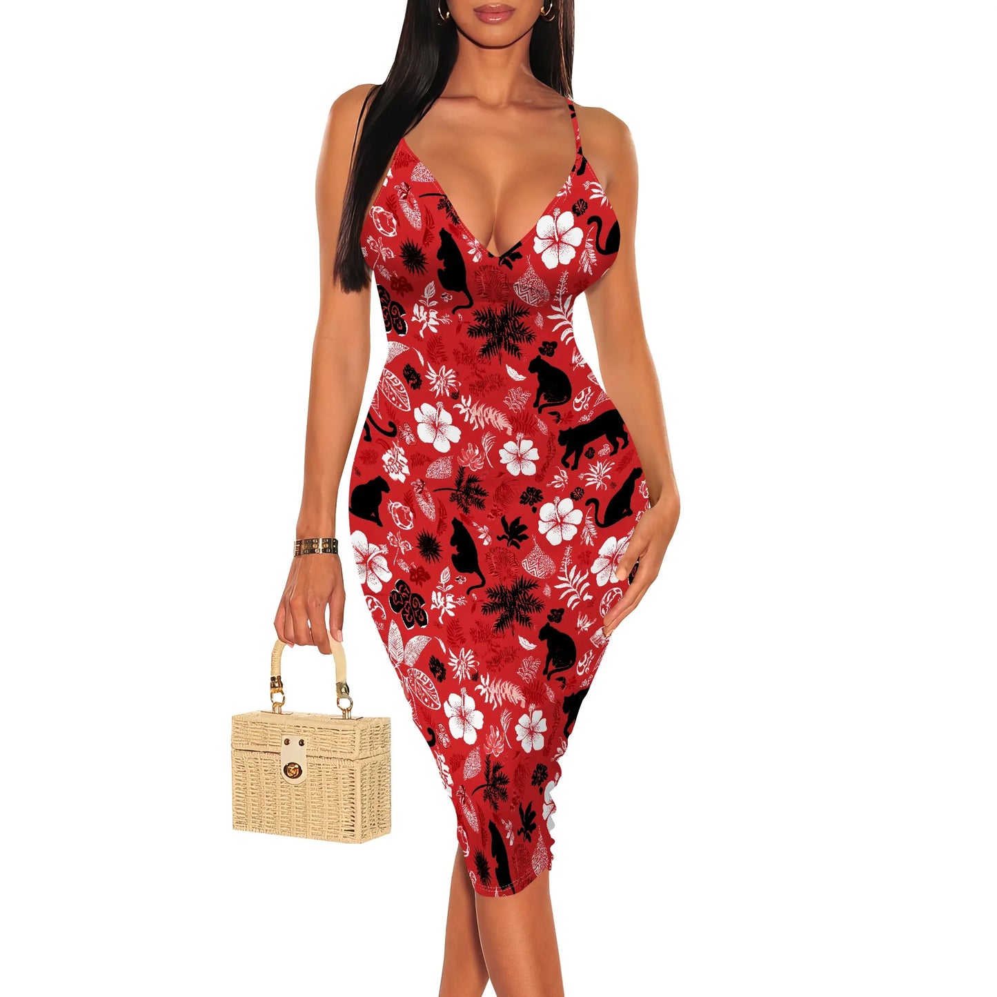 Women's Summer Bodycon Dress Sleeveless Spaghetti Strap Party Casual Pair Sexy Deep V Neck Floral Print Pencil Skirt