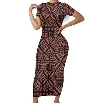 Casual Summer Short Sleeves O-neck Bodycon Custom Maxi Dresses Polynesian Island Samoa Traditional  Fijian Tribal Design Dress