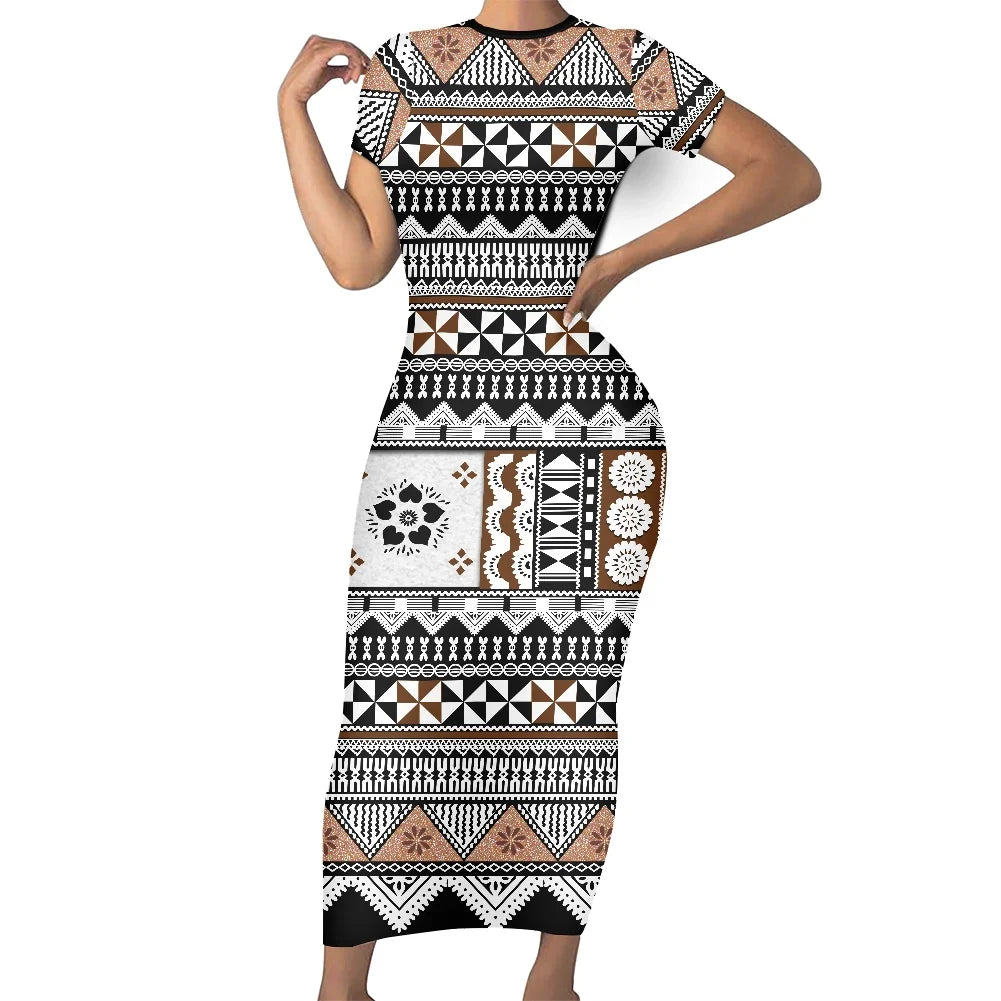 Casual Summer Short Sleeves O-neck Bodycon Custom Maxi Dresses Polynesian Island Samoa Traditional  Fijian Tribal Design Dress