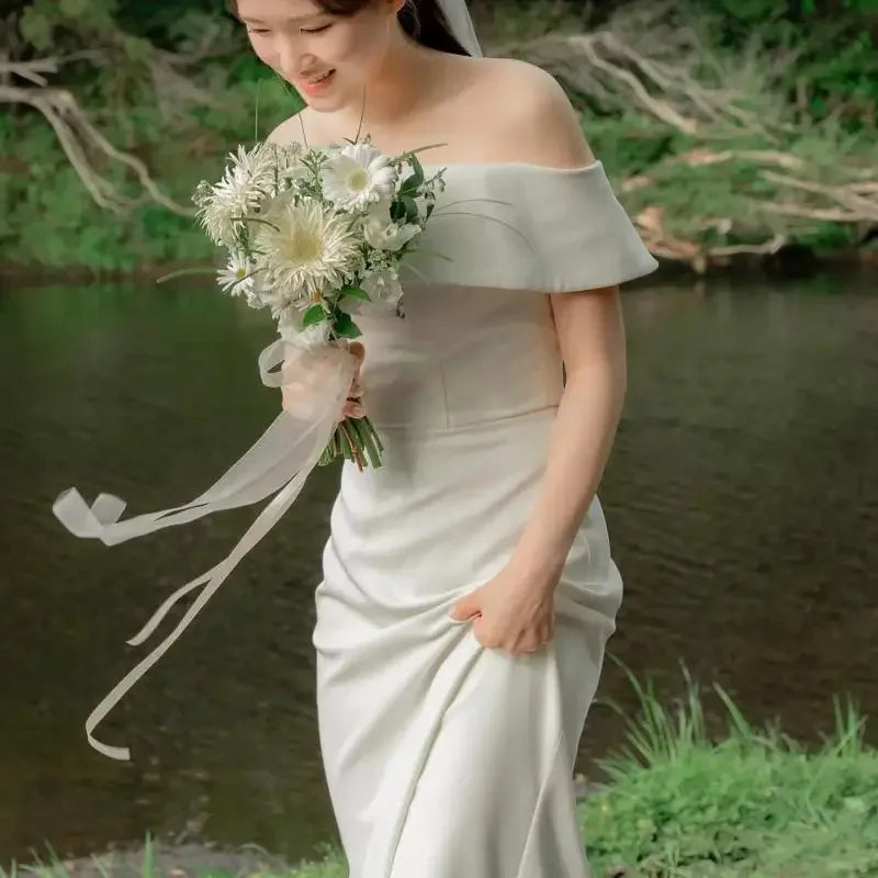 Elegant Mermaid Wedding Dresses Soft Satin Bridal Dress Off The Shoulder Floor-length Simple Vestidos