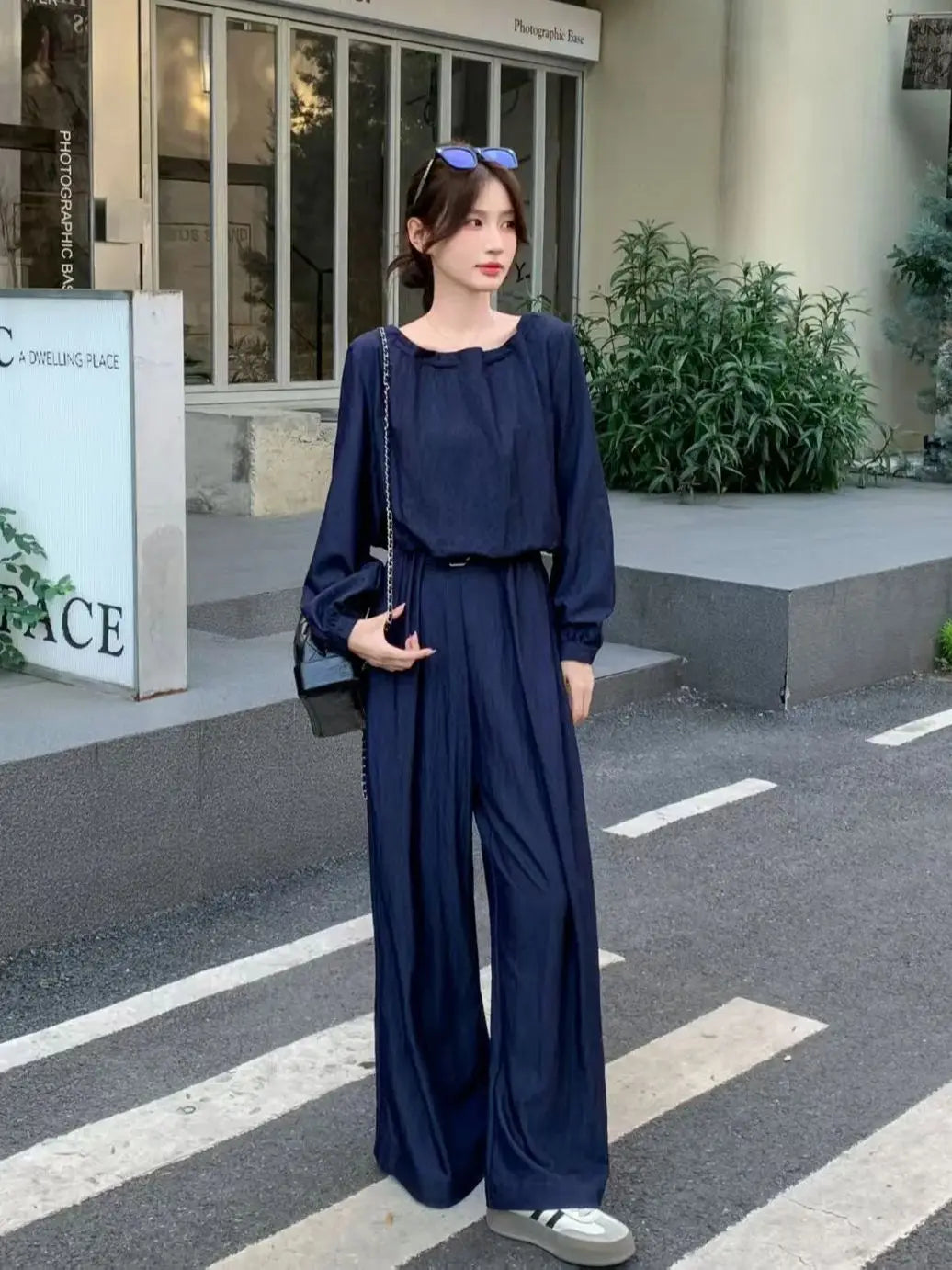 Elegant minimal women's casual denim trouser suit